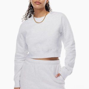 Aritzia TNA Cozy Fleece Perfect Raglan Crew Sweatshirt - L - Heather Cloud White